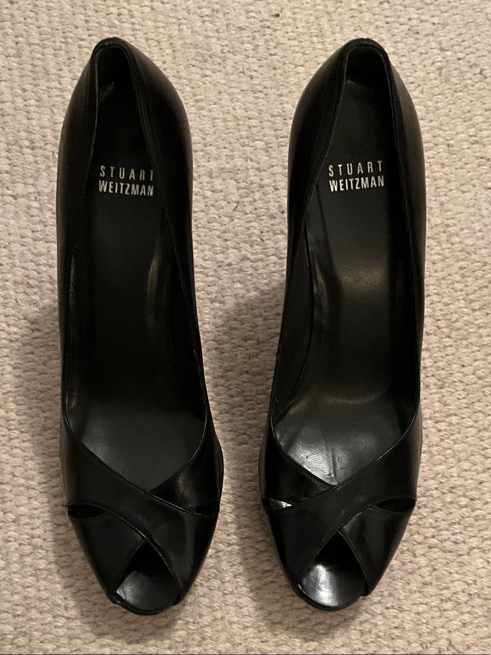 Stuart Weitzman Black Peep-Toe Leather Pumps